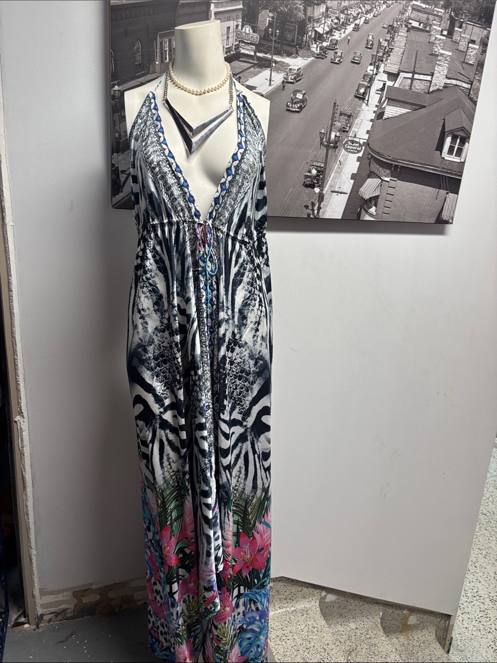 Bohemian Floral Halter Maxi Dress - Black, White & Pink